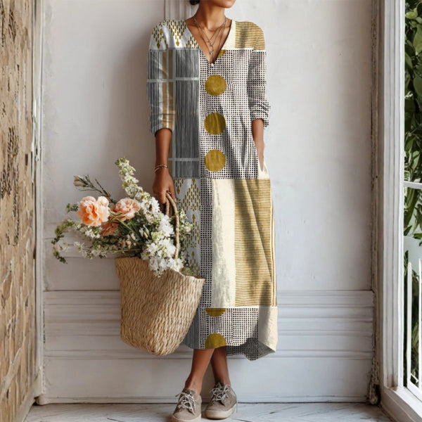 Robe midi col V imprimé floral gris beige rayé pour femme