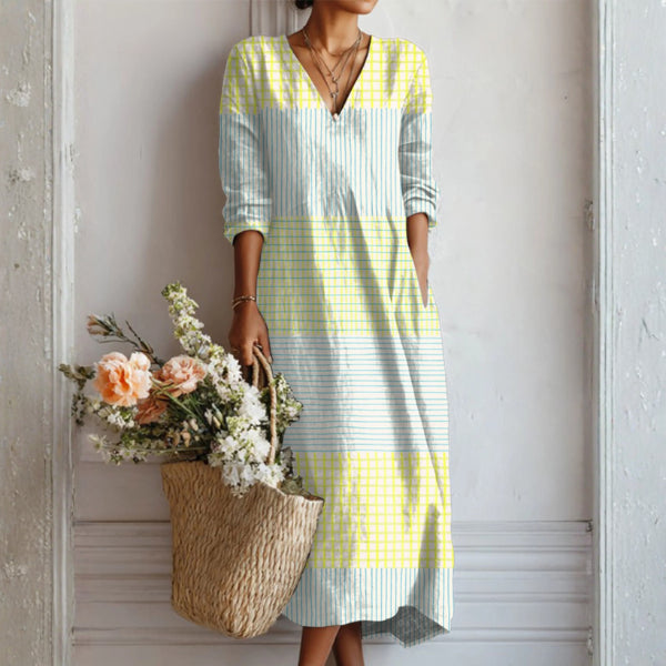 Robe midi col V imprimé floral gris jaune pour femme