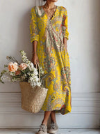 Robe midi col V imprimé floral jaune pour femme