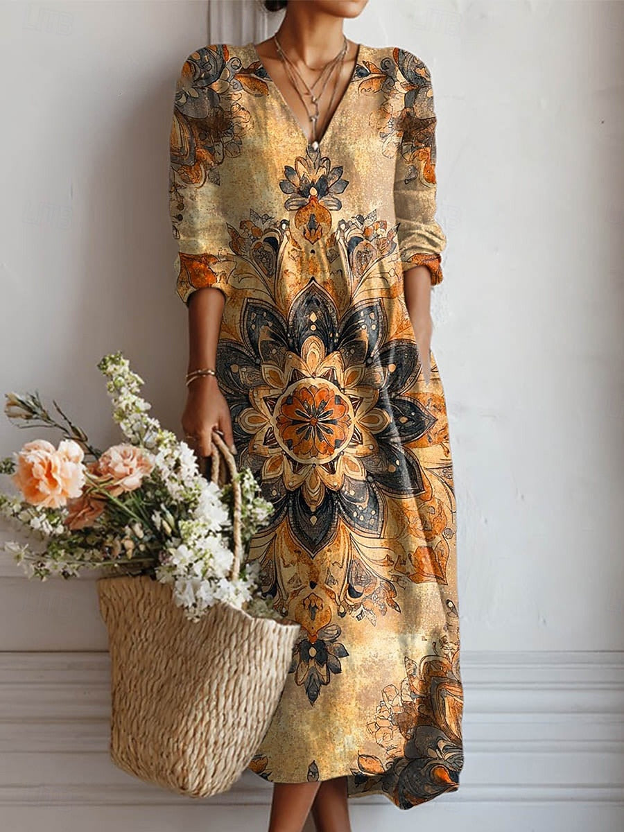 Robe midi col V imprimé floral moutarde fleuri pour femme