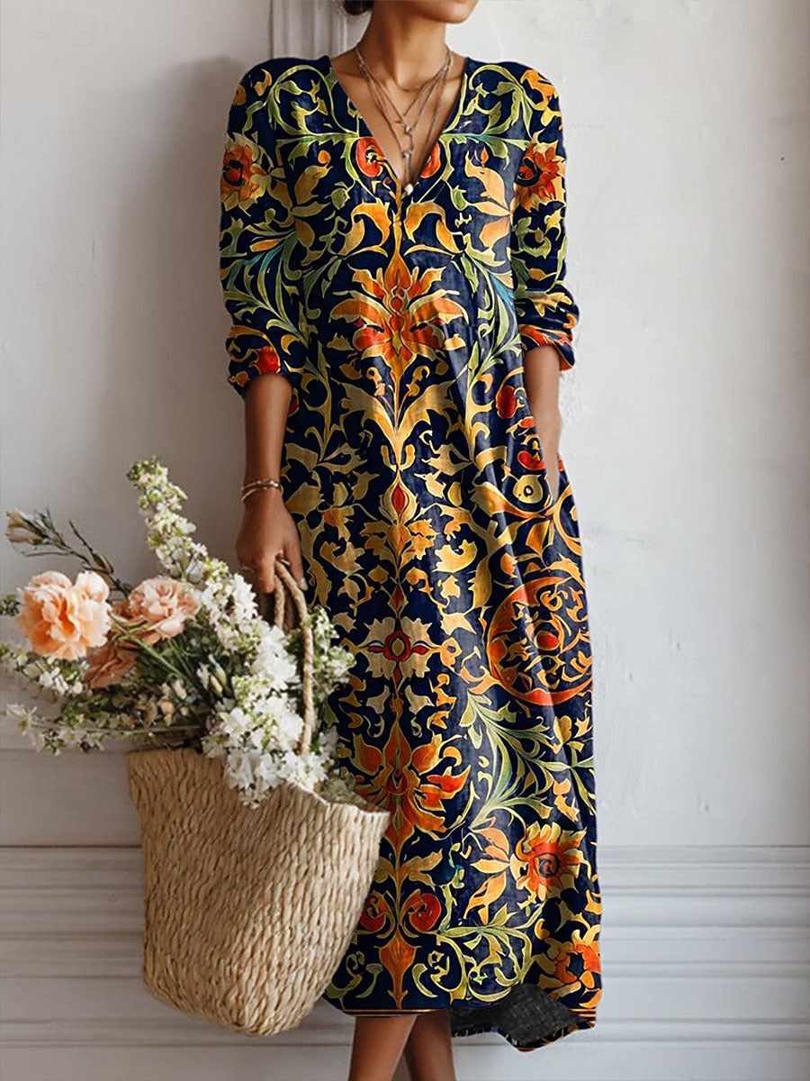Robe midi col V imprimé floral noir pour femme – vue 2