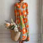 Robe midi col V imprimé floral orange fleuri pour femme