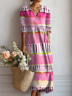 Robe midi col V imprimé floral rose ethnique pour femme