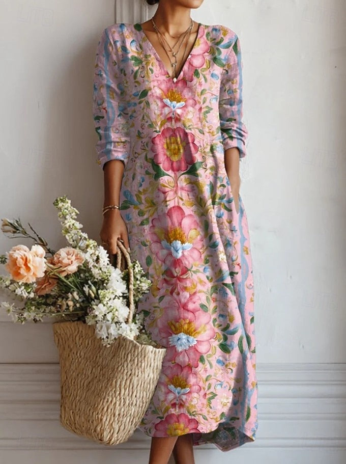 Robe midi col V imprimé floral rose fleuri multicolore 2 pour femme