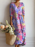 Robe midi col V imprimé floral rose fleuri multicolore pour femme
