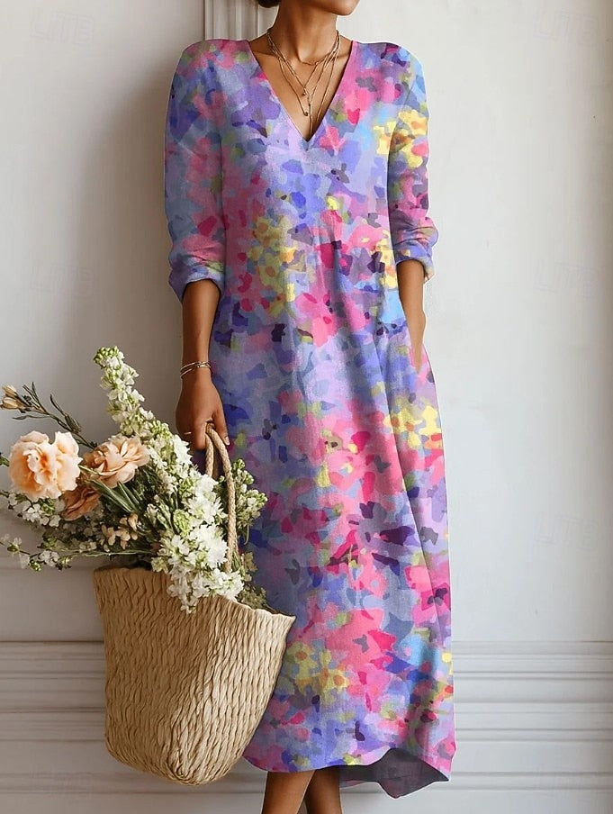 Robe midi col V imprimé floral rose fleuri multicolore pour femme