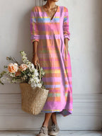 Robe midi col V imprimé floral rose rayé pour femme