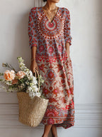 Robe midi col V imprimé floral rouge pour femme