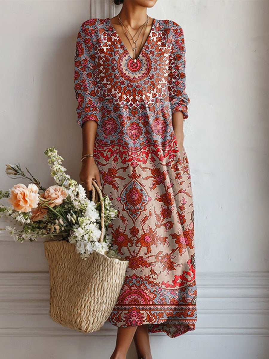 Robe midi col V imprimé floral rouge pour femme