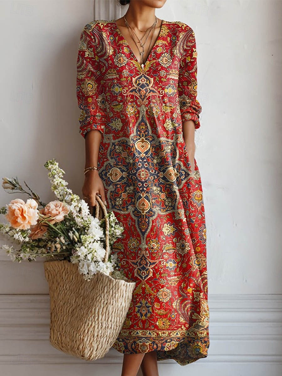 Robe midi col V imprimé floral rouge pour femme – vue 2