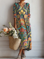 Robe midi col V imprimé floral turquoise fleuri pour femme