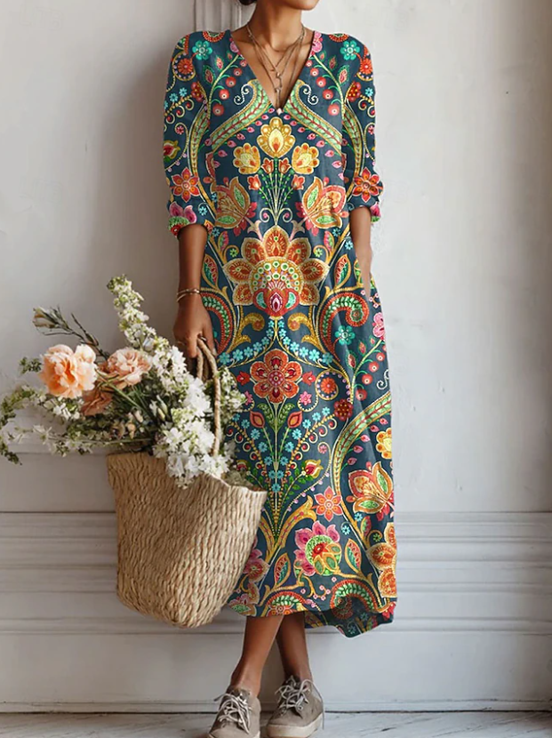 Robe midi col V imprimé floral turquoise fleuri pour femme