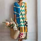 Robe midi col V imprimé floral turquoise zigzag pour femme