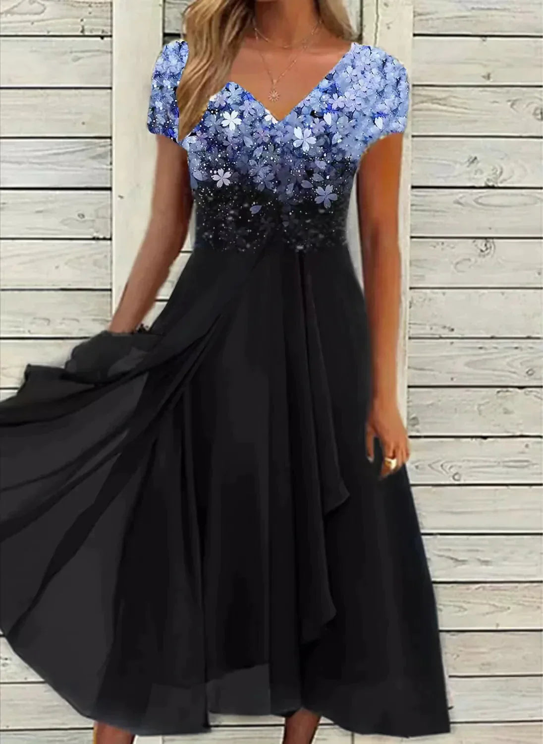 Robe midi dégradé floral col V manches courtes pour femme