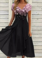 Robe midi dégradé floral col V manches courtes pour femme