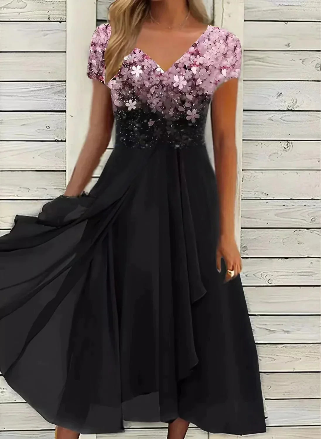 Robe midi dégradé floral col V manches courtes pour femme