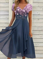 Robe midi dégradé floral col V manches courtes pour femme