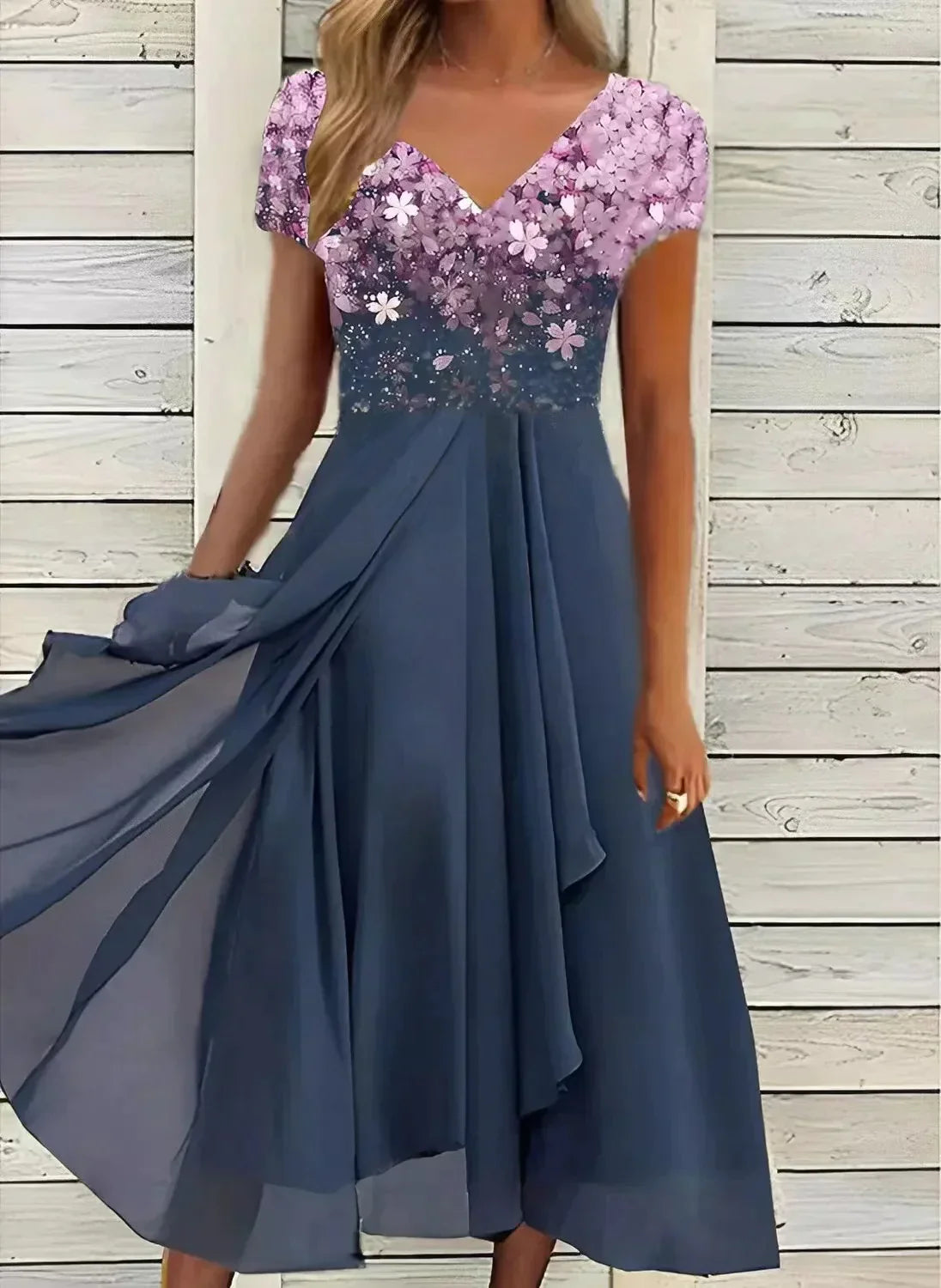 Robe midi dégradé floral col V manches courtes pour femme
