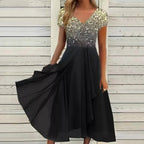 Robe midi dégradé floral col V manches courtes pour femme