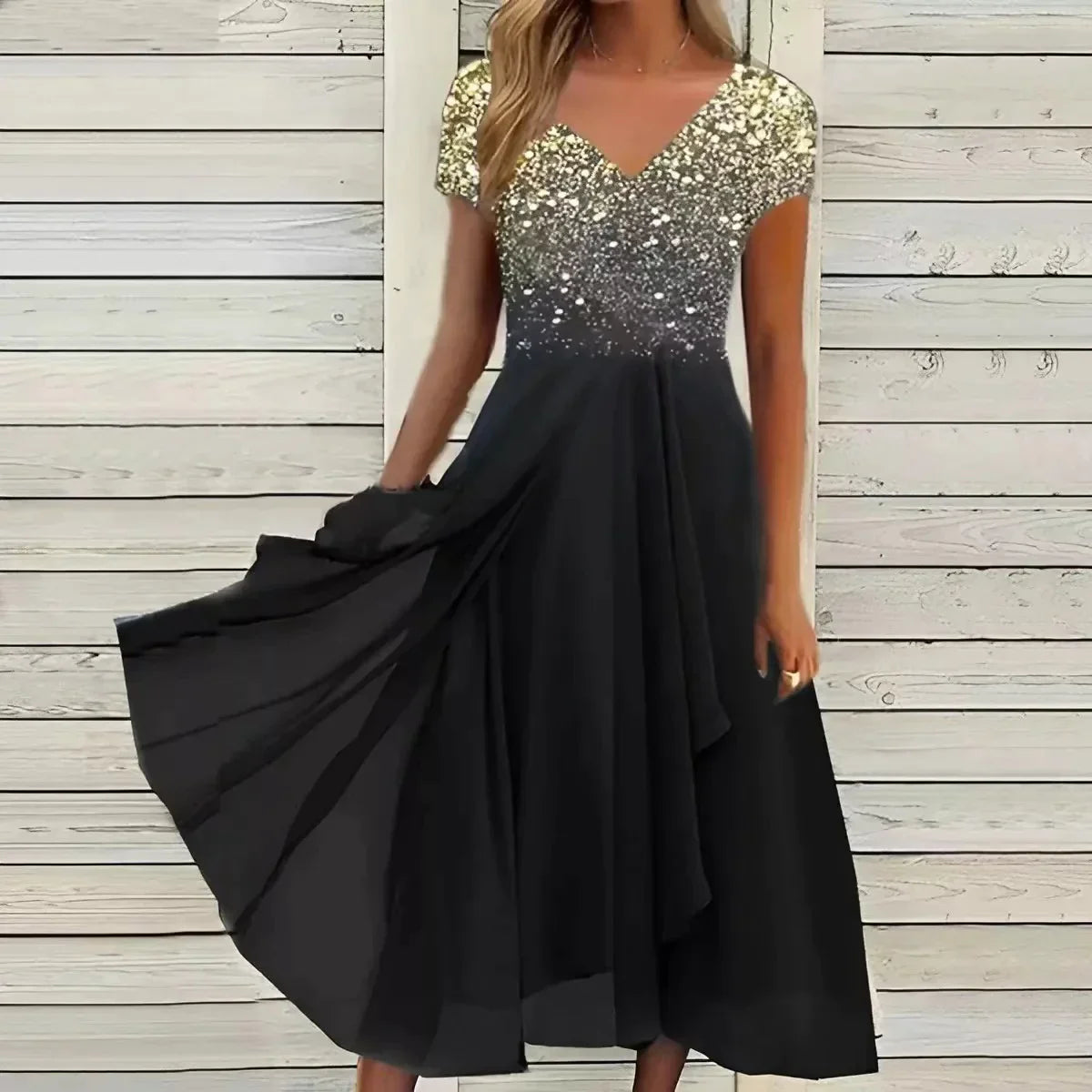 Robe midi dégradé floral col V manches courtes pour femme