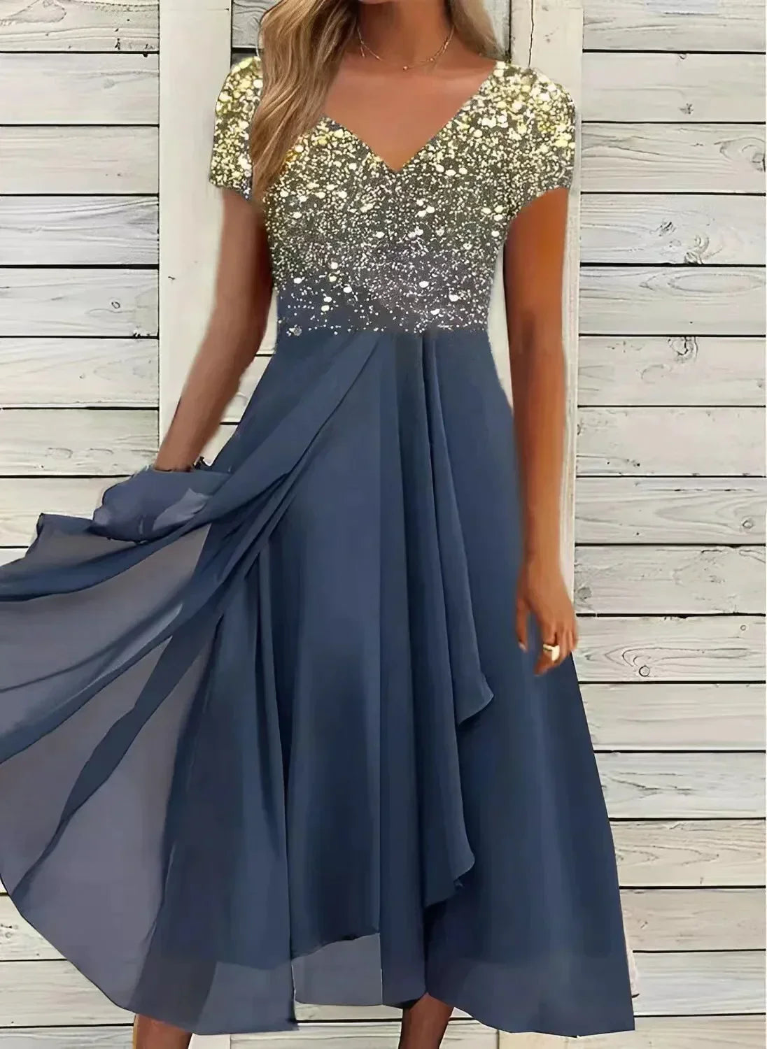Robe midi dégradé floral col V manches courtes pour femme
