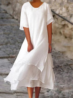 Robe midi en lin double couche à manches courtes pour femme
