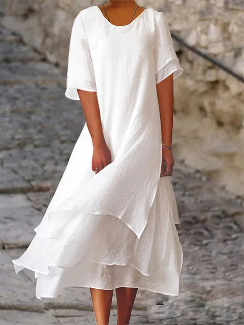 Robe midi en lin double couche à manches courtes pour femme