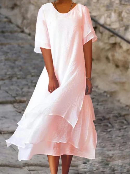 Robe midi en lin double couche à manches courtes pour femme