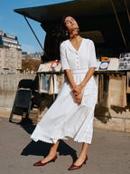 Robe midi brodée à buste plissé pour femme
