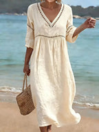Robe midi col V finitions ajourées pour femme