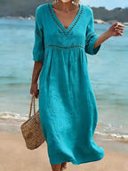 Robe midi col V finitions ajourées pour femme