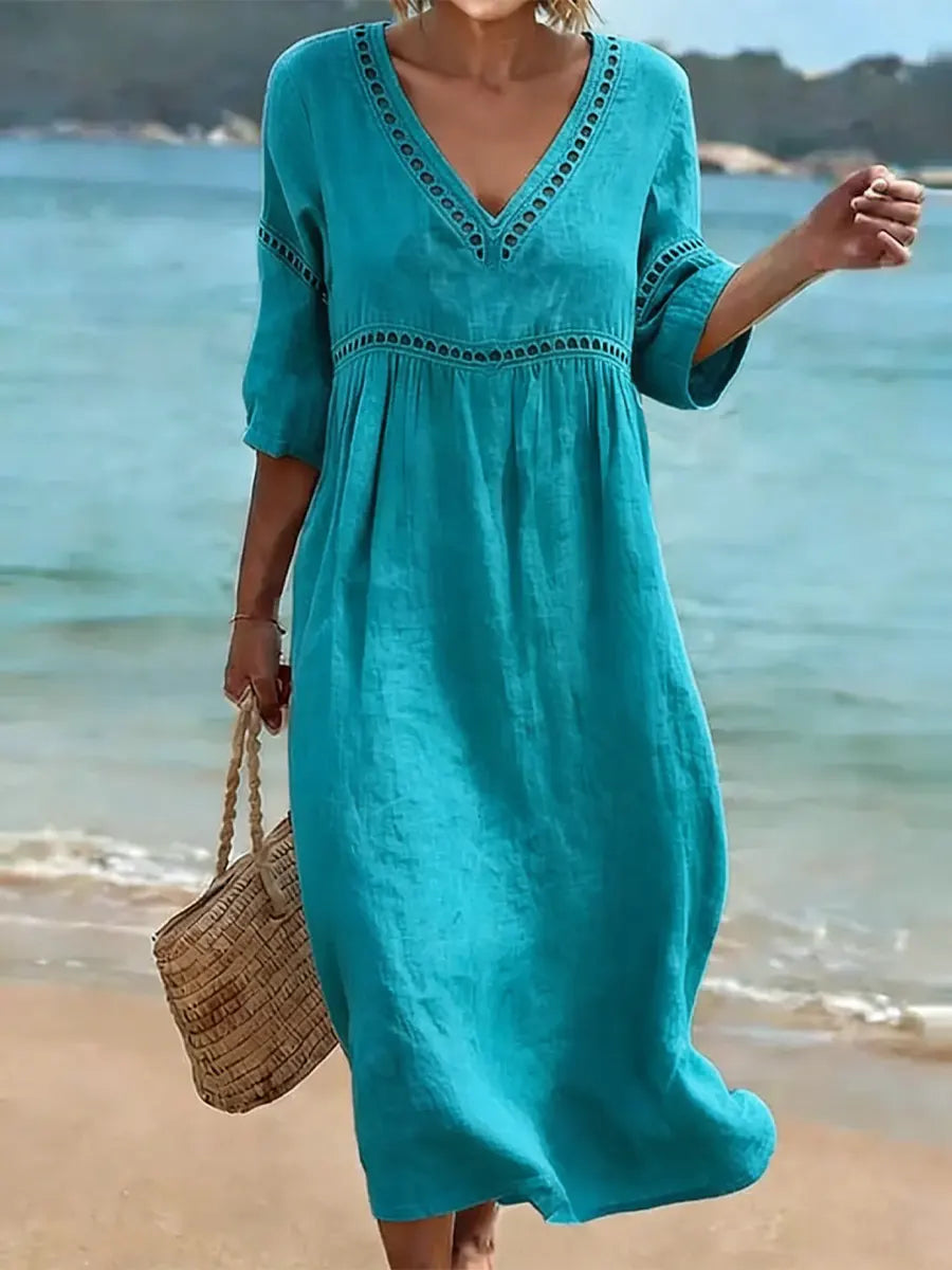 Robe midi col V finitions ajourées pour femme
