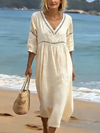 Robe midi col V finitions ajourées pour femme