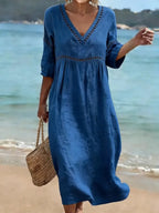 Robe midi col V finitions ajourées pour femme