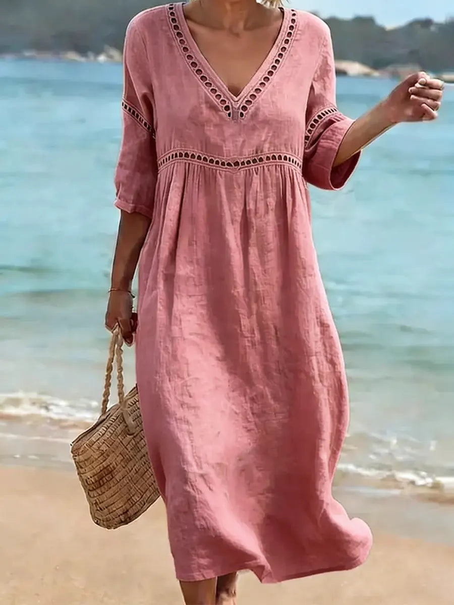 Robe midi col V finitions ajourées pour femme