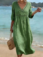 Robe midi col V finitions ajourées pour femme