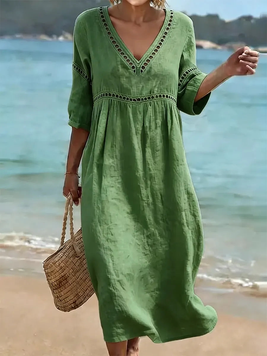 Robe midi col V finitions ajourées pour femme