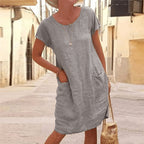 Robe midi en lin à manches courtes et poches pour femme