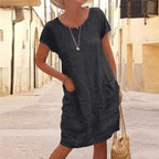 Robe midi en lin à manches courtes et poches pour femme
