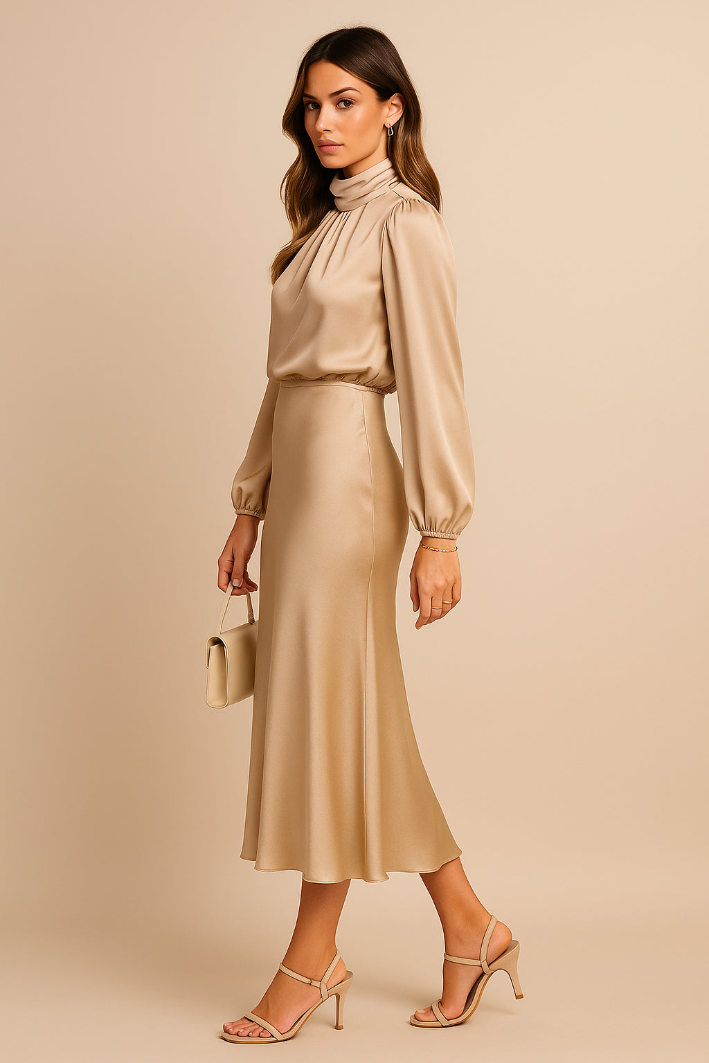 Robe midi en satin col montant à manches blouson pour femme