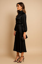 Robe midi en satin col montant à manches blouson pour femme