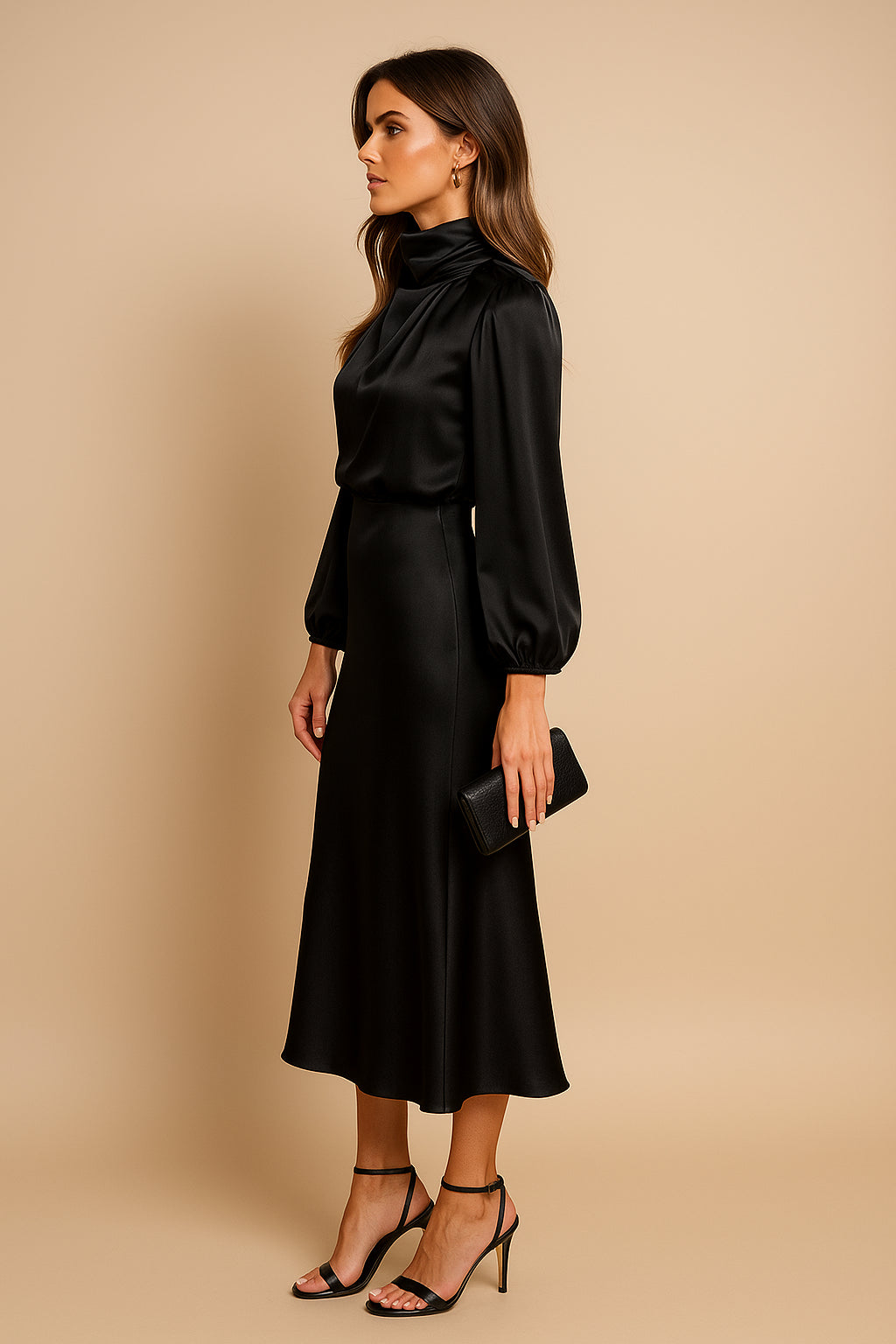 Robe midi en satin col montant à manches blouson pour femme