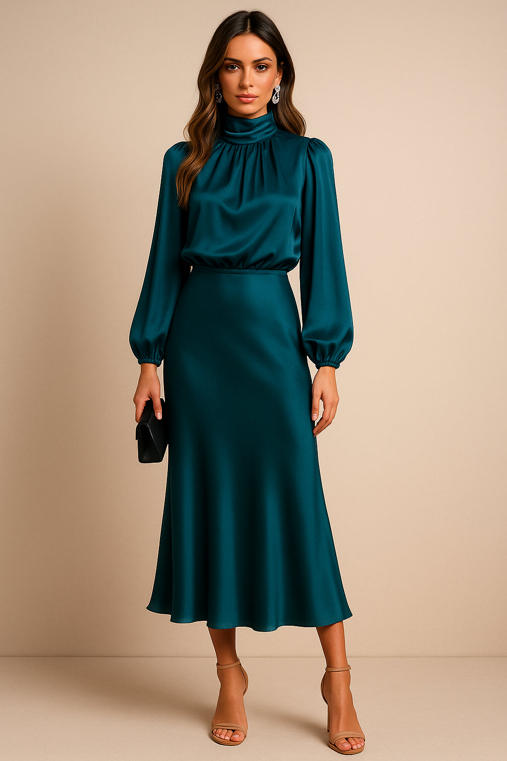 Robe midi en satin col montant à manches blouson pour femme