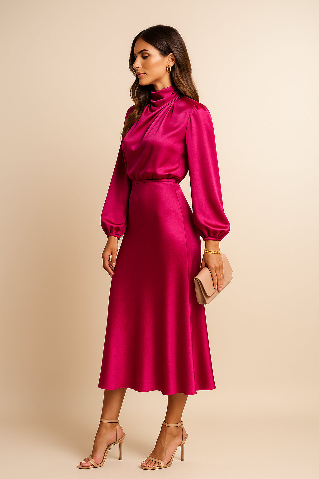 Robe midi en satin col montant à manches blouson pour femme