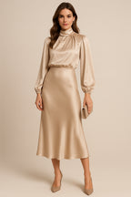 Robe midi en satin col montant à manches blouson pour femme