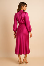 Robe midi en satin col montant à manches blouson pour femme
