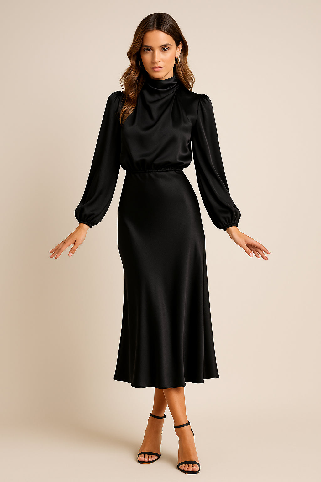 Robe midi en satin col montant à manches blouson pour femme