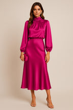 Robe midi en satin col montant à manches blouson pour femme