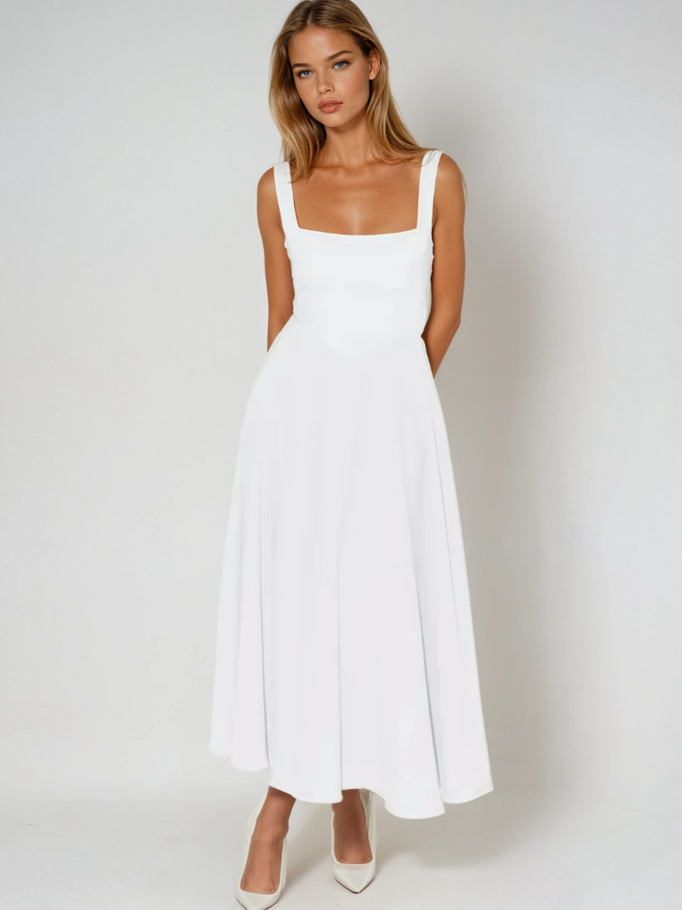 Robe midi évasée décolleté carré blanc pour femme