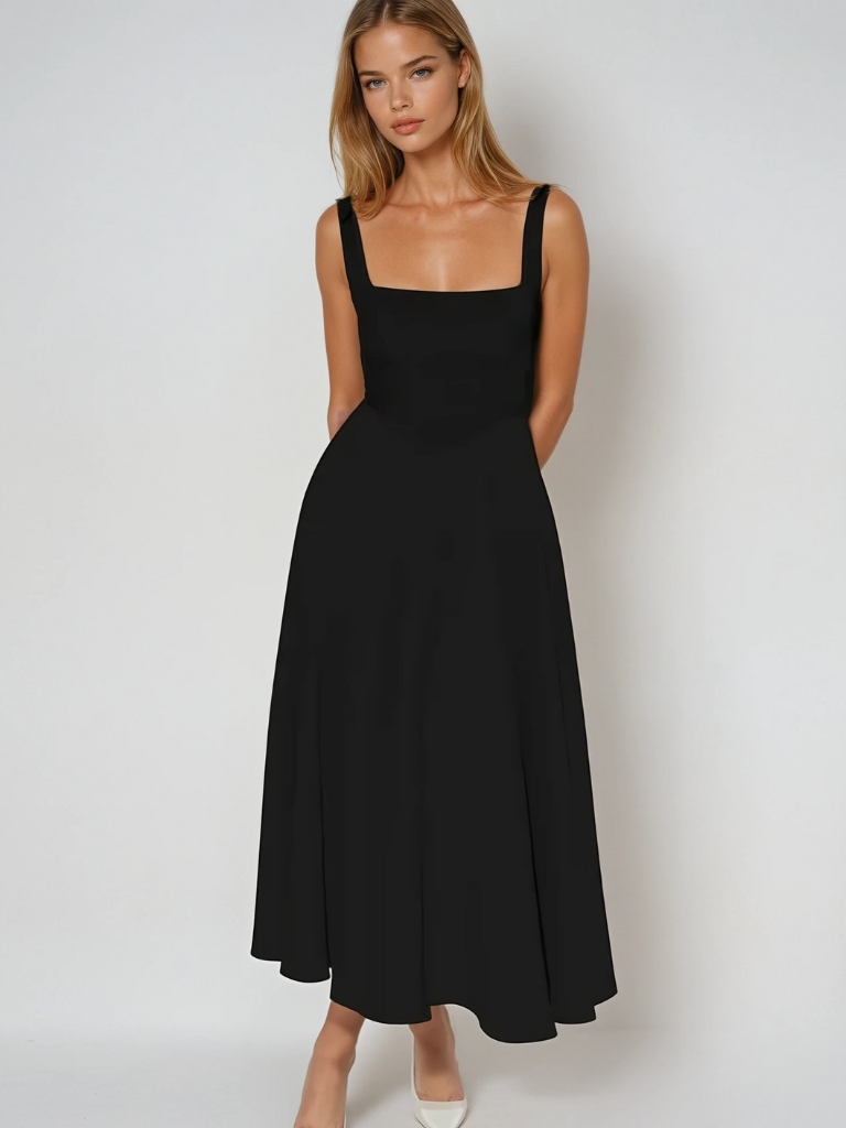 Robe midi évasée décolleté carré noir pour femme